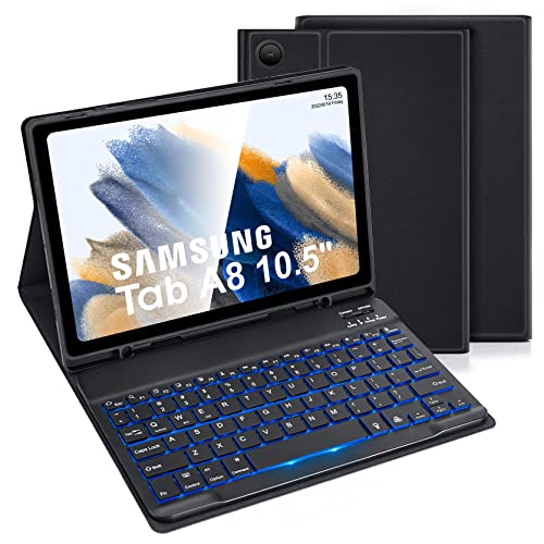 LAMA Samsung Galaxy Tab A8 Hülle Mit Kabelloser Bluetooth Tastatur - US QWERTY Layout für 10,5" 2021 (SM-X200/X205/X207), Magnetisch, Beleuchtet (Schwarz) von LAMA