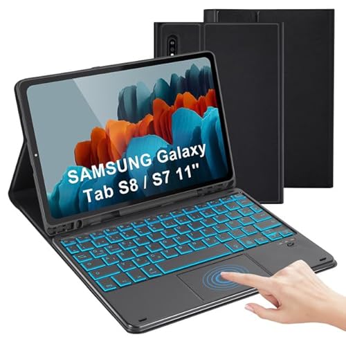 LAMA Tastatur Hülle mit Touchpad für Samsung Galaxy Tab S8 11" 2022/Tab S7 11" 2020, Kabellose Tastatuhülle mit Hintergrundbeleuchtung Bluetooth Tastatur Hülle DE QWERTZ Layout, Schwarz Beleuchtet von LAMA