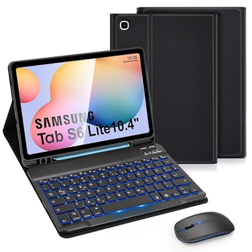 LAMA Tastaturhülle mit Maus für Samsung Galaxy Tab S6 Lite, Hülle mit Tastatur für Tab S6 Lite 10,4“ 2020/2022 (SM-P610/P615/P613/P619), Bluetooth Tastatur Hülle (QWERTZ Layout), Schwarz Beleuchtet von LAMA