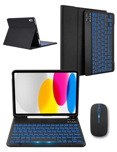 LAMA Tastaturhülle mit Maus für iPad A16 11 Gen.2025 (A3354/A3355/A3356), 10.9'' iPad 10 Gen.2022(A2696/A2757/A2777), Schutzhülle kabelloser Bluetooth Tastaturhülle, Deutsche QWERTZ, Schwarz Bleuchtet von LAMA
