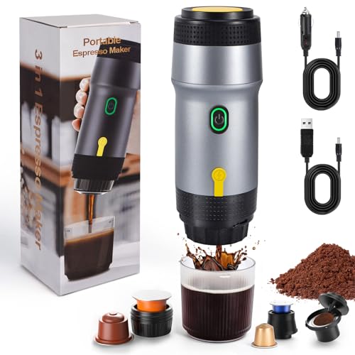 LAMA Tragbare Elektrische Espressomaschine, 3 in 1 Reisekaffeemaschine, 4-5 min Selbstheizung, Große Kapseln, Kleine Kapseln, Gemahlener Kaffee für Camping, Wohnmobil, Büro, Zuhause, Silber von LAMA