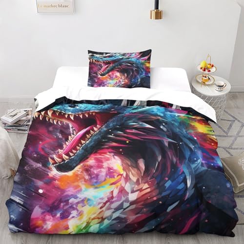 LAMAME Anime Drache Bettbezug-Sets,3D Animal Bettwäsche,Kissenbezug,kinderbettwäsche Jungen 3 Teilig Bettbezüge Mikrofaser Single（135x200cm） von LAMAME