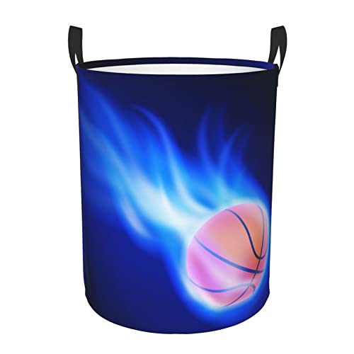 LAMAME Blauer Feuer-Basketball-bedruckter einzelner Wäschekorb Runde Aufbewahrungsbox Aufbewahrungskorb Tasche von LAMAME