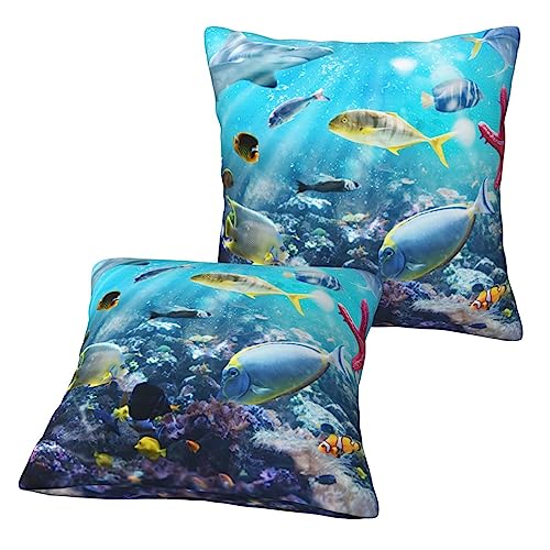 LAMAME Bunte 3D Natur Landschaft des Meeres unter Wasser von tropischen Fischen gedruckt quadratischen Kissenbezug Dekorative Kissenbezug Kissenbezug 2pcs von LAMAME