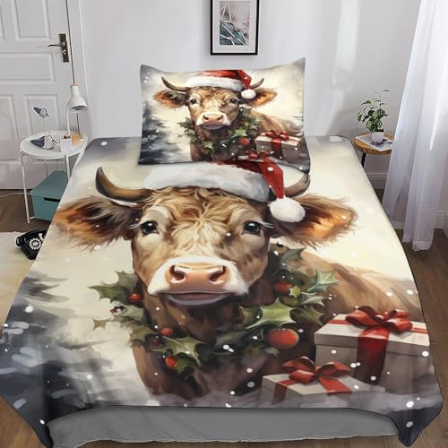 LAMAME Christmas Cows 3D Bedruckte Bettwäsche Bettbezug Cute Pet Set Mit Kissenbezug Microfaser Reißverschluss Steppdeckenbezug 3 Teilig, Teenager Und Erwachsene Tröster Set Single（135x200cm） von LAMAME