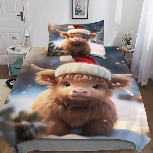 LAMAME Christmas Cows 3D Bedruckte Bettwäsche Bettbezug Set Mit Kissenbezug Cute Pet Microfaser Reißverschluss Steppdeckenbezug Teenager Und Erwachsene Tröster Set3 Teilig, Single（135x200cm） von LAMAME