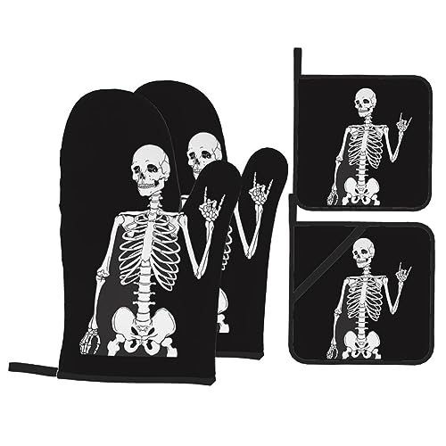 LAMAME Coole Totenkopf-bedruckte Ofenhandschuhe und Topflappen-Set, hitzebeständige Ofenhandschuhe, Küchenhandschuhe von LAMAME