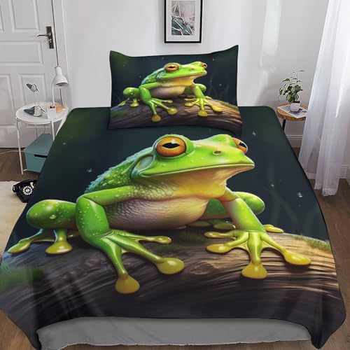 LAMAME Frosch 3D Bettbezug Weiche Kuschelig Atmungsaktive Mikrofaser Set Kinder Dekorativ Animal Bettbezüge Mit ReißVerschluss Und Kissenbezug Single（135x200cm） von LAMAME