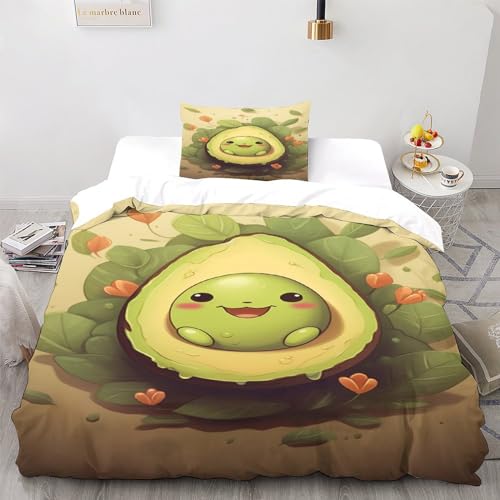 LAMAME Kawaii Avocado Bettwäsche 3D Bettbezug Set 3teilig Wendebettwäsche Microfaser Bettwäschegarnitur Mit Gedruckt Reissverschluss Single（135x200cm） von LAMAME