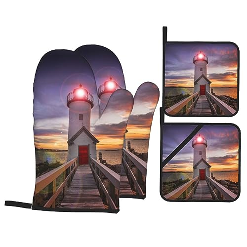 LAMAME Lighthouse bedruckte Ofenhandschuhe und Topflappen-Set, hitzebeständige Ofenhandschuhe, Küchenhandschuhe von LAMAME