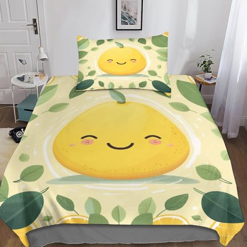 LAMAME Niedliche Kawaii-Zitrone 3D Bettwäsche Muster Mikrofaser Bettbezug Mit Reißverschluss Und Kissenbezug Single（135x200cm） von LAMAME