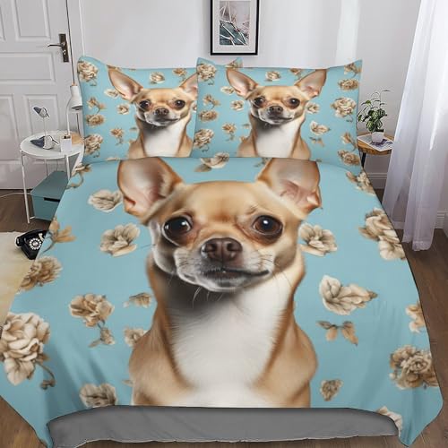 LAMAME Niedlicher Chihuahua Bettwäsche 3D Welpe Bettbezug Set 3teilig Wendebettwäsche Microfaser Bettwäschegarnitur Mit Gedruckt Reissverschluss Double（200x200cm） von LAMAME