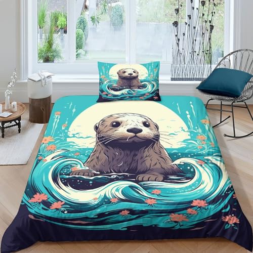 LAMAME Otter 3D Bettwäsche Muster Mikrofaser Animal Bettbezug Mit Reißverschluss Und Kissenbezug Single（135x200cm） von LAMAME