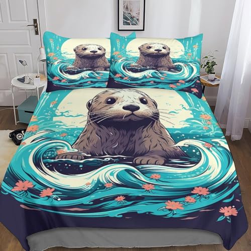 LAMAME Otter Bettwäsche-Set 3 Teilig 3D-Druck Malen Animal Bettbezug Mit Reißverschluss Mikrofaser Kinder Bettbezüge Mit Kissenbezug Double（200x200cm） von LAMAME