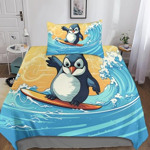 LAMAME Pinguin Bettwäsche-Set 3 Teilig 3D-Druck Malen Surfen Bettbezug Mit Reißverschluss Mikrofaser Kinder Bettbezüge Mit Kissenbezug Single（135x200cm） von LAMAME