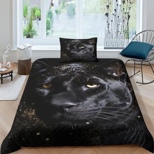 LAMAME Schwarzer Panther 3D Bettwäsche Muster Mikrofaser Animal Bettbezug Mit Reißverschluss Und Kissenbezug Single（135x200cm） von LAMAME