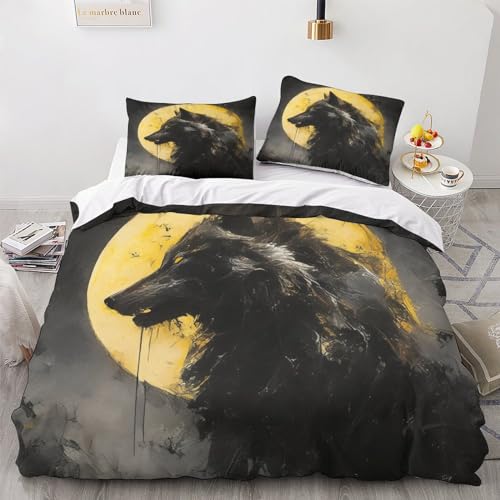 LAMAME Wolf Bettbezug-Sets,3D Moon Bettwäsche,Kissenbezug,kinderbettwäsche Jungen 3 Teilig Bettbezüge Mikrofaser Double（200x200cm） von LAMAME