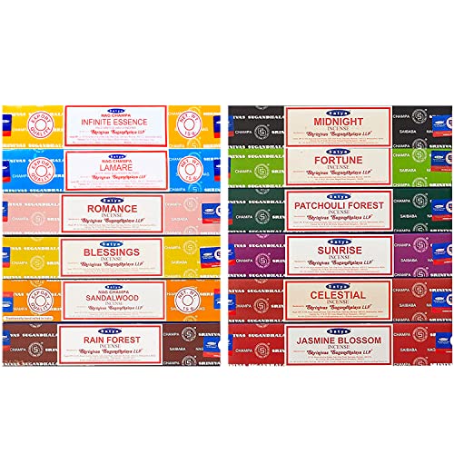 Satya Nag Champa Packung mit 12 Düften – Limited Edition – Enthält 2 Exklusive Düfte – 15 g x 12 Boxen = 180 g von LAMARE
