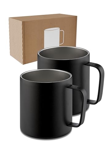 LAMBDA COFFEE® ATACAMA Edelstahl Tassen 2x360ml Thermobecher mit Henkel | Kaffeetasse doppelwandig isoliert | Tassen Set für Camping & Outdoor| Thermo Kaffee Becher schwarz von LAMBDA COFFEE