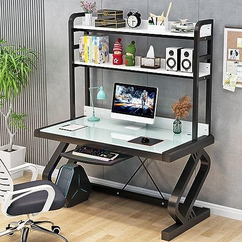 LAMEDOAT Computertisch mit Ablagefächern, Bücherregal, Computertisch aus gehärtetem Glas, Bürotisch, Arbeitstisch, Arbeitstisch (47 Zoll, weiß + schwarzer Rahmen) von LAMEDOAT
