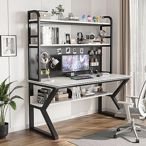 LAMEDOAT Computertisch mit Bücherregal und Stecktafel, Home-Office-Schreibtisch, moderner Studentenschreibtisch, PC-Gamer-Schreibtisch, Workstation für platzsparende Arbeit (39 Zoll, weißer + schwarz von LAMEDOAT
