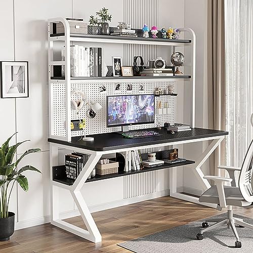 LAMEDOAT Computertisch mit Bücherregal und Stecktafel, Home-Office-Schreibtisch, moderner Studentenschreibtisch, PC-Gamer-Schreibtisch, Workstation für platzsparende Arbeit (47 Zoll, schwarzer + weiß von LAMEDOAT