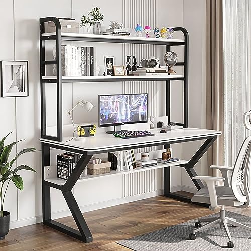 LAMEDOAT Computertisch mit Schrank und Bücherregal, PC-Arbeitstisch, Heimbüro-Schreibtisch, Arbeitstisch für Erwachsene/Studenten (47 Zoll, weißer + schwarzer Rahmen) von LAMEDOAT
