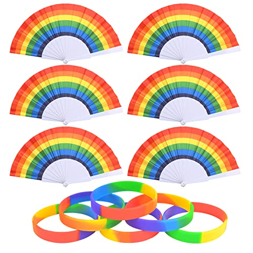 LAMEK 12 Stück Regenbogen Fächer Set Bunt Handfächer Falten Regenbogenfächer Hand Faltfächer mit Regenbogen Armbänder für Sommer Frauen Männer Pride Month Accessoires Party Dekoration von LAMEK