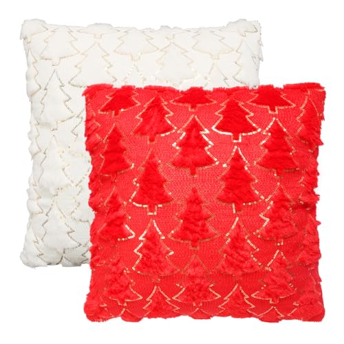 LAMEK 2 Stück Weihnachtsbaum Kissenbezug 45x45cm Weihnachten Baum Kissenhülle Weihnachts Kissen ohne Spruch Christsbaum Dekorative Sofakissen Weihnachtsdeko für Schlafzimmer Wohnzimmer, Weiß+Rot von LAMEK
