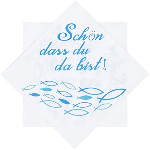 LAMEK 40 Taufe Servietten Junge Konfirmation Papierservietten Kommunion Tisch Deko Blau Fisch Tischdeko 'Schön, Dass du da bist!' Taufdeko Mädchen für Festliche Anlässe, 33x33 cm von LAMEK