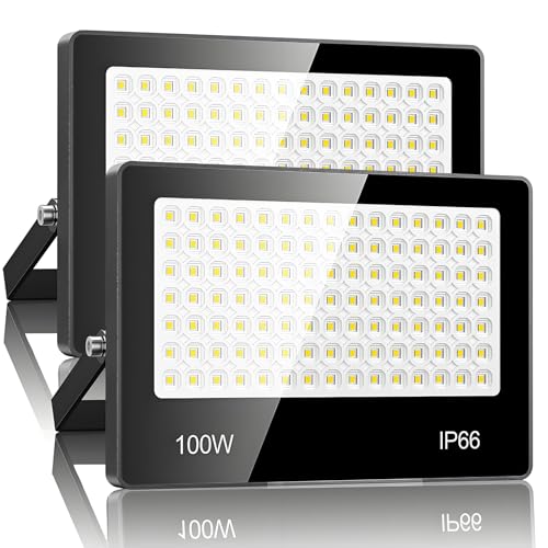 LED Strahler Außen 100W 2 Stück - 10000LM 6500K Kaltweiß Superhell LED Fluter Außen, IP66 Wasserdicht außenstrahler Scheinwerfer für Stadion, Terrasse, Straße, Garage von LAMLAMCK