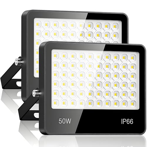 LED Strahler Außen 50W 2 Stück - 5000LM 6500K Kaltweiß Superhell LED Fluter Außen, IP66 Wasserdicht außenstrahler Scheinwerfer für Stadion, Terrasse, Straße, Garage von LAMLAMCK