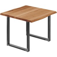 Esstisch Küchentisch Schreibtisch Couchtisch aus Massivholz, mit Baumkante 60x60x76 cm (AxBxH), Loft, Dunkel / Rohstahl mit Klarlack, von LAMO MANUFAKTUR