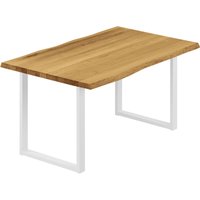 Lamo Manufaktur - Esstisch Küchentisch Schreibtisch Couchtisch aus Massivholz, mit Baumkante 140x60x76 cm (AxBxH), Loft, Rustikal / Weiss, von LAMO MANUFAKTUR