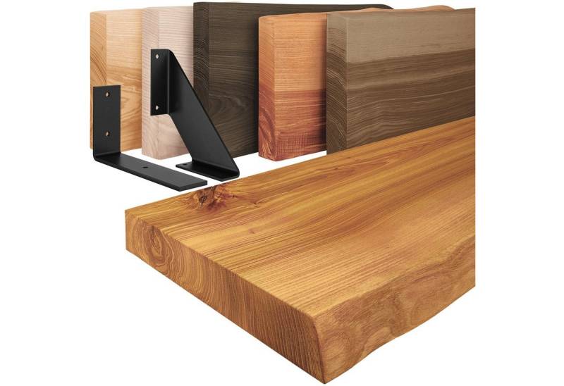 LAMO Manufaktur Wandregal Holz Baumkante Regal Farbe: Rustikal mit schwarzem Basic 40 cm, Komplett-Set, 40mm stake Massivholzplatte von LAMO Manufaktur