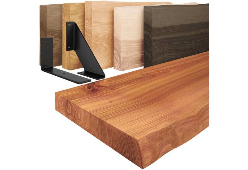 LAMO Manufaktur Wandregal Holz Baumkante Regal Farbe: Dunkel mit schwarzem Basic 40 cm, Komplett-Set, 40mm stake Massivholzplatte von LAMO Manufaktur