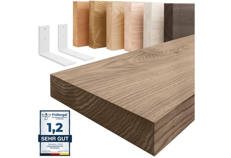 LAMO Manufaktur Wandregal Holz Gerade Regal Farbe: Nussbaum mit weißem Basic Regalträger 40 cm, Komplett-Set, 40mm stake Massivholzplatte von LAMO Manufaktur