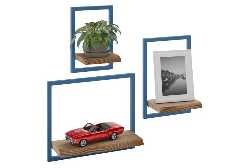 LAMO Manufaktur Wandregal Holz Set 3 St. 15/20/35cm Farbe: Nussbaum, Rahmen: Blau, Schweberegal Massiv 100% Echtholz, Küchenregal Wand, Badezimmer Regal Hängend, Wandregal Wohnzimmer von LAMO Manufaktur