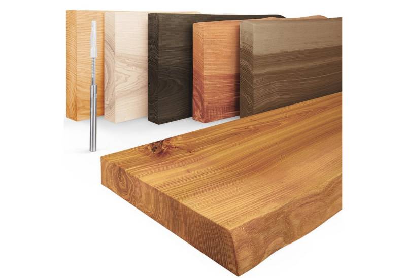 LAMO Manufaktur Wandregal Holz Baumkante Regal Farbe: Rustikal Invisible: Schweberegal 40 cm, Komplett-Set, 40mm stake Massivholzplatte von LAMO Manufaktur