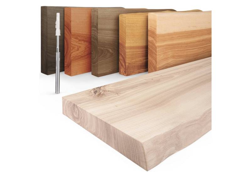 LAMO Manufaktur Wandregal Holz Baumkante, Regal Farbe: Roh, Invisible: Schweberegal, 40 cm, Komplett-Set, 40mm stake Massivholzplatte von LAMO Manufaktur