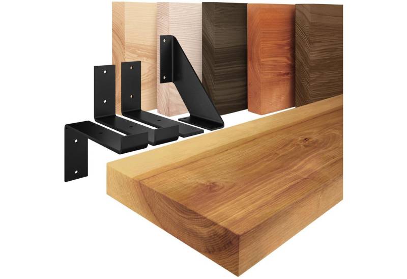 LAMO Manufaktur Wandregal Holz Gerade Regal Farbe: Rustikal mit schwarzem Original 40 cm, Komplett-Set, 40mm stake Massivholzplatte von LAMO Manufaktur