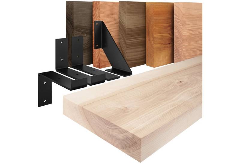 LAMO Manufaktur Wandregal Holz Gerade Regal Farbe: Roh mit weißem Original Regalträger 40 cm, Komplett-Set, 40mm stake Massivholzplatte von LAMO Manufaktur