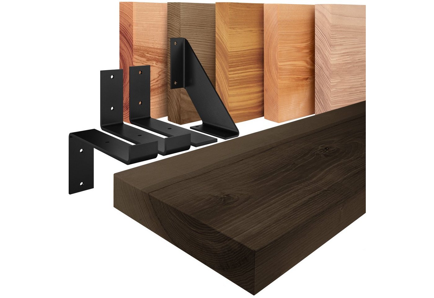 LAMO Manufaktur Wandregal Holz Gerade Regal Farbe: Schwarz mit schwarzem Vintage 40 cm, Komplett-Set, 40mm stake Massivholzplatte von LAMO Manufaktur