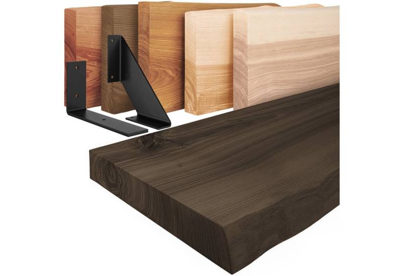 LAMO Manufaktur Wandregal Holz Baumkante Regal Farbe: Schwarz mit weißem Vintage 40 cm, Komplett-Set, 40mm stake Massivholzplatte von LAMO Manufaktur
