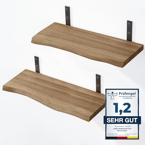 LAMO Manufaktur 2 Stück Wandregal Holz 2X 42cm | Schweberegal Massiv 100% Echtholz | Hängeregal für Wohnzimmer, Schlafzimmer, Büro, Badezimmer | Wandregale Set 2 Baumkante |Regal Farbe: Nussbaum von LAMO