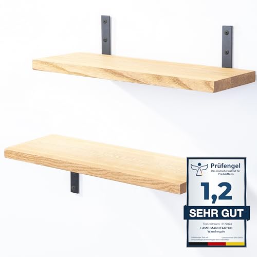 LAMO Manufaktur 2 Stück Wandregal Holz 2X 42cm | Schweberegal Massiv 100% Echtholz | Hängeregal für Wohnzimmer, Schlafzimmer, Küche, Büro, Badezimmer | Wandregale Set 4 Gerade Farbe: Natur von LAMO