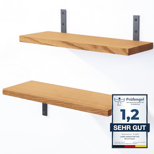 LAMO Manufaktur 2 Stück Wandregal Holz 2X 42cm | Schweberegal Massiv 100% Echtholz | Hängeregal für Wohnzimmer, Schlafzimmer, Küche, Büro, Badezimmer | Wandregale Set 4 Gerade Farbe: Rustikal von LAMO