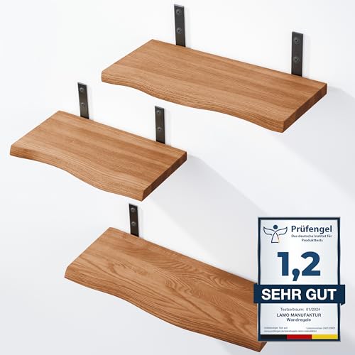 LAMO Manufaktur 3 Stück Wandregal Holz 42/36/30cm | Schweberegal Massiv 100% Echtholz | Hängeregal für Wohnzimmer, Schlafzimmer, Küche, Büro, Badezimmer | Wandregale Set 1 Baumkante Farbe: Dunkel von LAMO