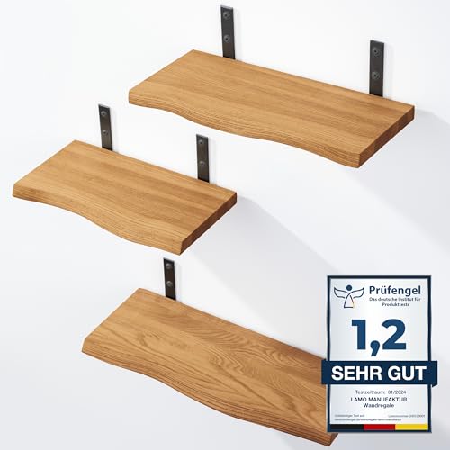 LAMO Manufaktur 3 Stück Wandregal Holz 42/36/30cm | Schweberegal Massiv 100% Echtholz | Hängeregal für Wohnzimmer, Schlafzimmer, Küche, Büro, Badezimmer | Wandregale Set 1 Baumkante Farbe: Rustikal von LAMO