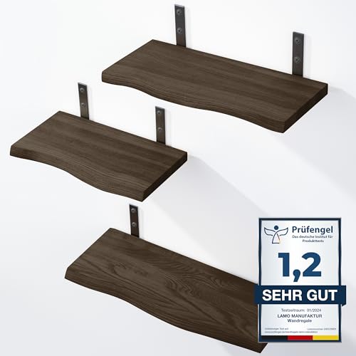 LAMO Manufaktur 3 Stück Wandregal Holz 42/36/30cm | Schweberegal Massiv 100% Echtholz | Hängeregal für Wohnzimmer, Schlafzimmer, Küche, Büro, Badezimmer | Wandregale Set 1 Baumkante Farbe: Schwarz von LAMO